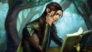 An elf reads a book in a forest. (Why in a forest rather than a library or his living room? We have no way of knowing.)