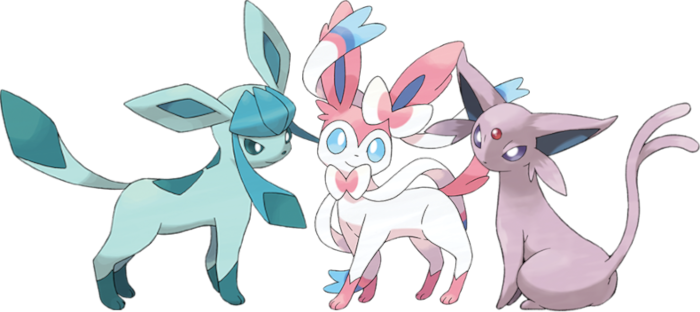 Glaceon, Sylveon, and Espeon pose together