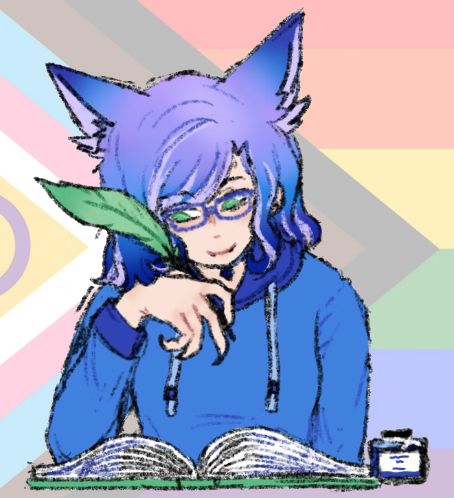 Andy's Bluesky image, a portrait of her as a catkin with a quill in her hand and a faded progress pride flag in the background. Portrait by Sleepy.
